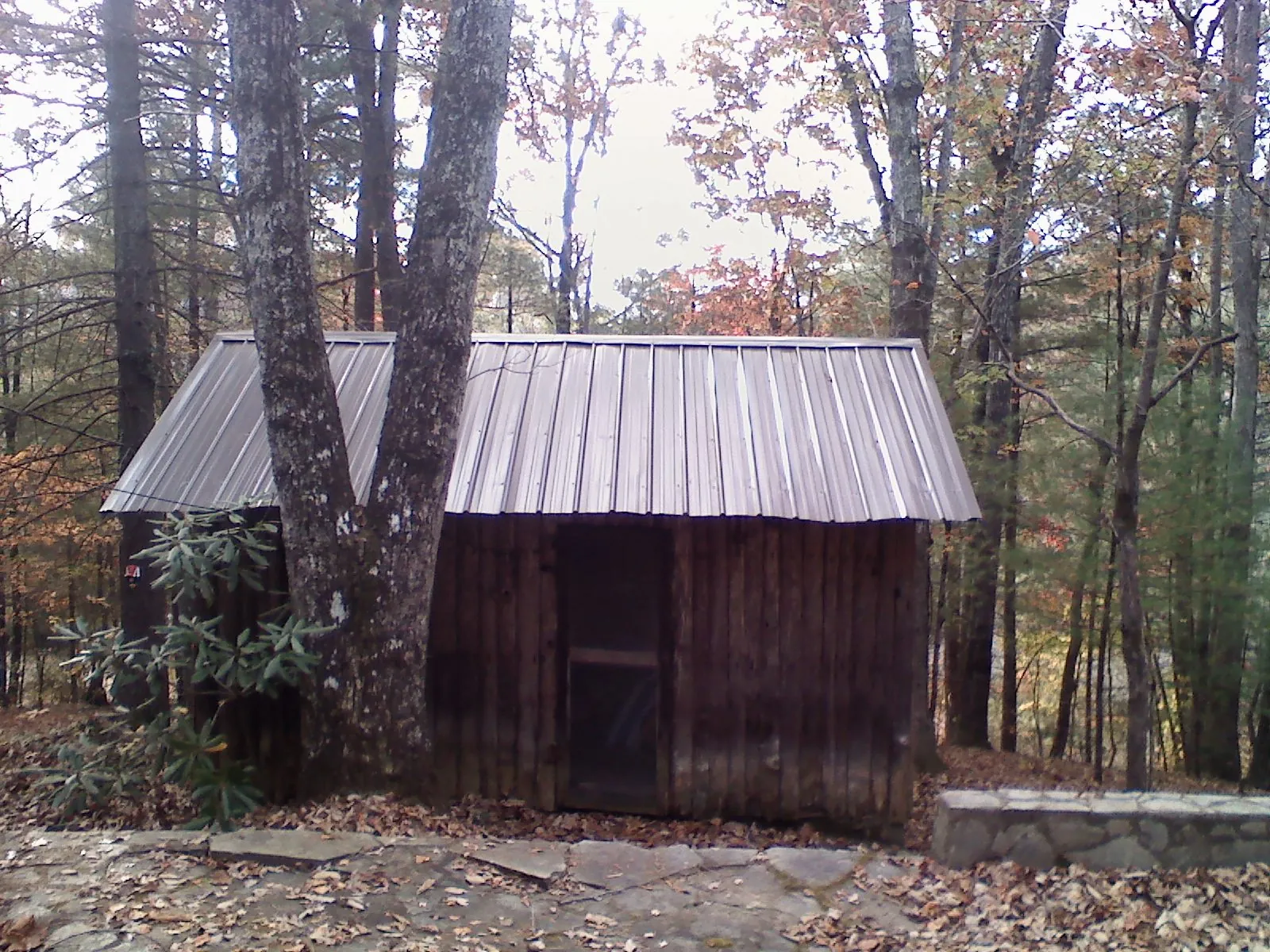 New metal gable roof on a small log shed among the trees in Pinson