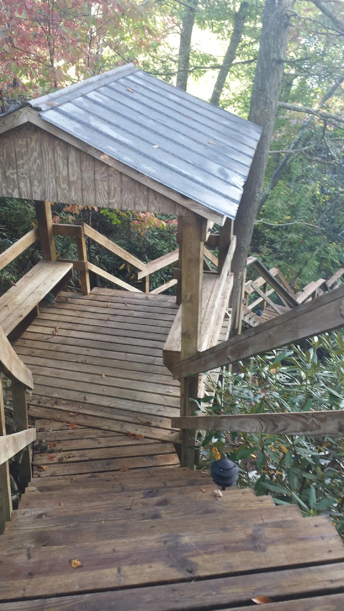 Metal roofed shelter over wooden steps on a wooded walkway — Skylight Repair & Installation work by our crew in Pinson